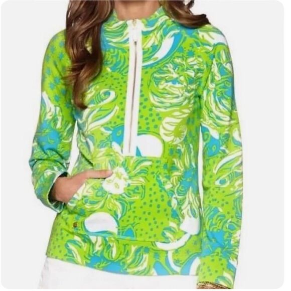 Lilly Pulitzer Green /Blue Roar Of The Jungle Skipper Popover Half Zip Top Sz XS - Picture 1 of 8